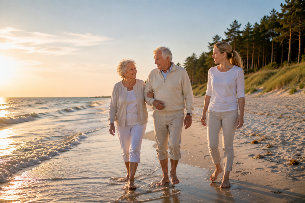 Seniorzy spacerujący drewnianą ścieżką prowadzącą przez wydmy w kierunku plaży.