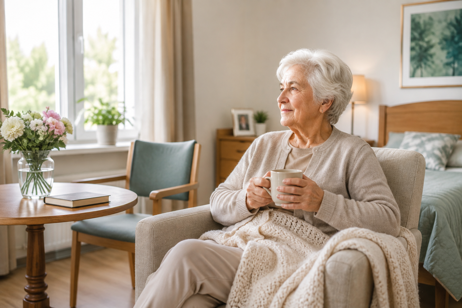 Seniorka odpoczywa w komfortowym pokoju podczas pobytu czasowego w domu seniora.