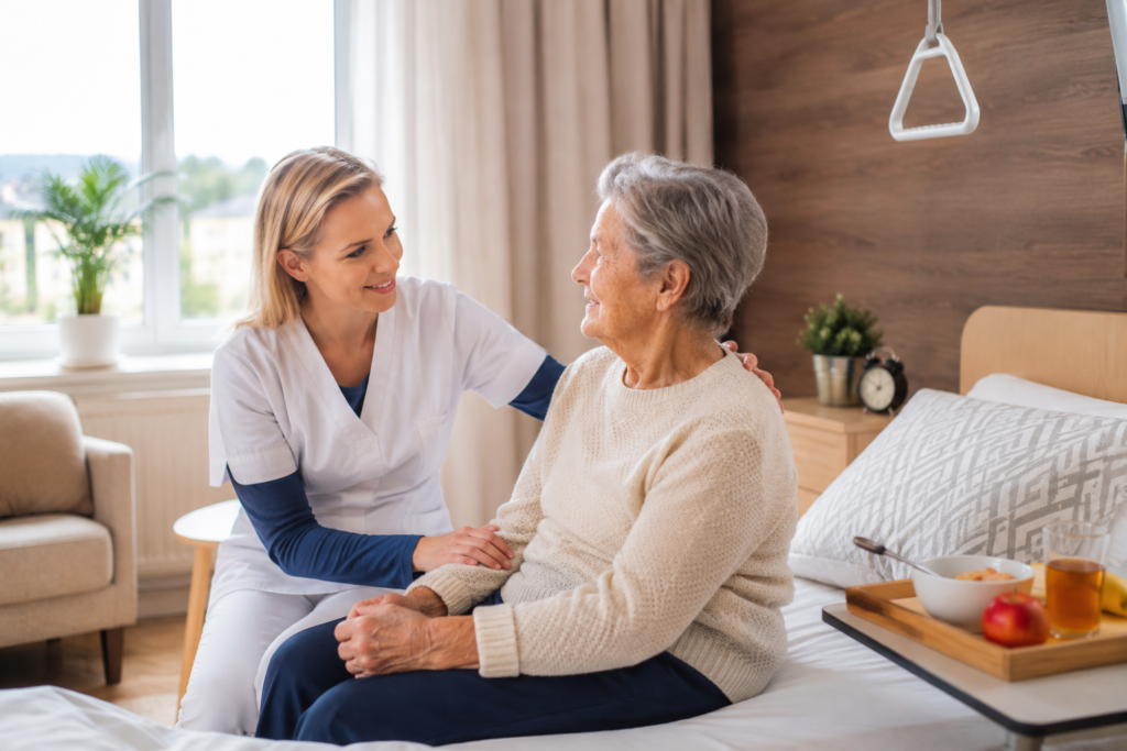 Zdjęcie przedstawia seniorkę odpoczywającą w spokojnym, komfortowym otoczeniu podczas rekonwalescencji po hospitalizacji. Ilustruje artykuł dotyczący opieki po szpitalu oraz pokazuje, że pobyt czasowy może zapewnić osobie starszej bezpieczeństwo, profesjonalne wsparcie i odpowiednie warunki do stopniowego odzyskiwania sił.