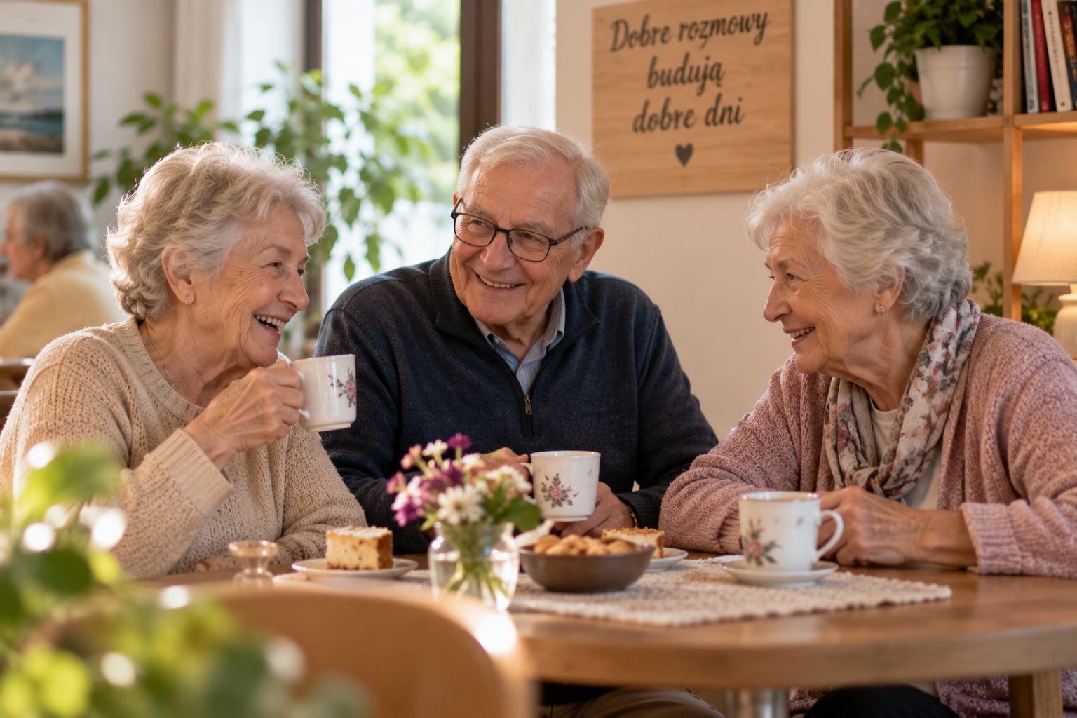 Seniorzy rozmawiają przy wspólnej kawie w przytulnym wnętrzu, budując relacje i przeciwdziałając samotności.